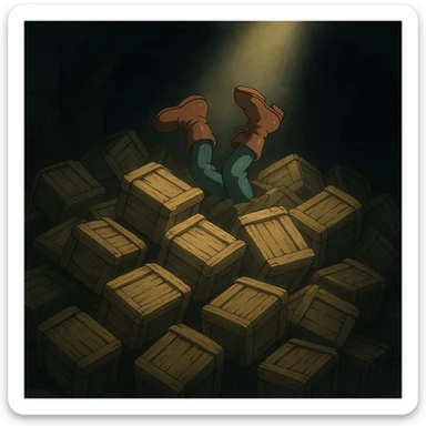 A pile of small oblong crates hidden in a dark area with a beam of light shining from above, with someone’s boots sticking out like they dove in sticker