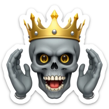 Demonic 3D skull holding its head by its two hand in shock, mouth open, wearing a golden crown, dark horror vibe sticker