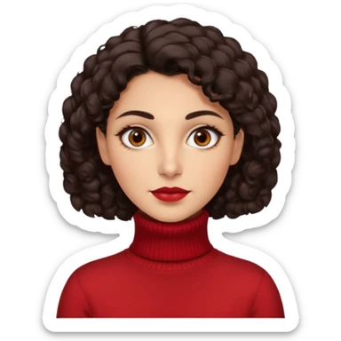 30 yr iranian woman dark brown hair curly wavy short hair, red turtle neck sweater, very thick eyebrows, light skin, dark brown eyes sticker