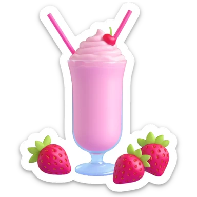 3D style strawberry milkshake with pink hue and cherry on top, glass with straw, simple background sticker