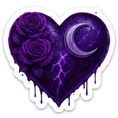 Edit the gothic heart to feature splintered deep purple glass, a silver crescent moon, purple roses, holographic stardust, neon lightning, and a wet look. Keep the background transparent. The style should reflect a detailed and vibrant gothic aesthetic with emphasis on the glass texture and reflective wet surface. sticker