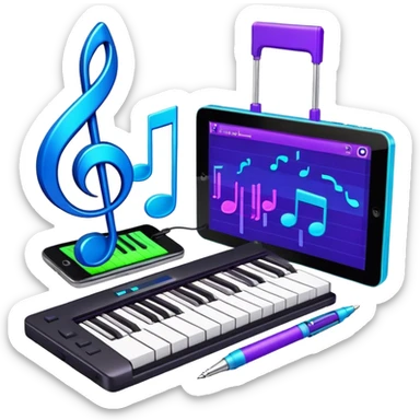Create a creative and inspiring emoji that represents writing music tracks. The design should feature musical notes, a pen or pencil, and a digital audio workstation (DAW) interface or a computer screen with a visible waveform, symbolizing the process of composing and arranging a track. Add elements like a metronome or a pair of headphones to reflect the recording and editing aspects. Use vibrant colors like electric blue, purple, or neon green to represent creativity and innovation in music production. The background should be transparent. sticker