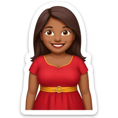 50 yr old chubby Sri Lankan woman, dark skin, straight brown hair, big smile, white teeth, red dress clothes, longer hair sticker