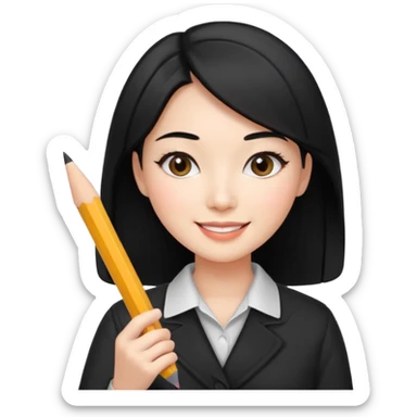a korean cosmetics marketing expert women with black hair, holding pencil and phone sticker