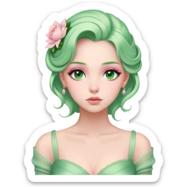 Cinematic Elegant Mulan Portrait Emoji, Dressed in her delicate green matchmaker gown, soft pink makeup, hair pinned perfectly, looking wistful yet radiant, eyes reflecting the depth of her spirit, capturing both her beauty and inner strength! sticker