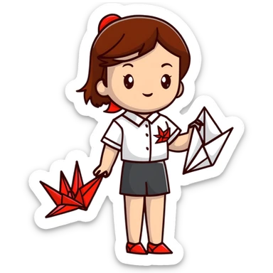 A happy Ukrainian young girl with brown hair in a white embroidered shirt makes an origami red crane craft sticker