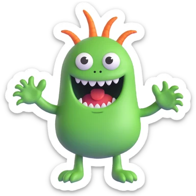 3D silly green monster, no teeth, wavy arms, friendly look sticker
