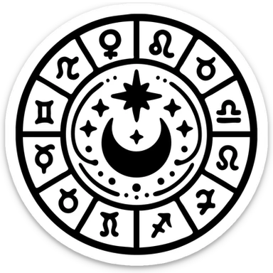 vintage astrology natal chart icon with intricate celestial symbols, mystical and ornate, solid black filled sticker