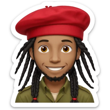 young Black man with long black dreadlocks tied back, red beret, reggae style, big smile sticker