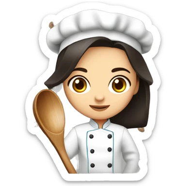 Uzbek cute female chef with dark shoulder length hair, dark brown eyes and a cooking wooden spoon in her hand and some basil in the other  sticker