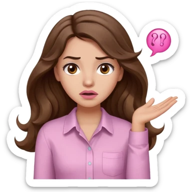 girl with wavy long brown hair, brown eyes, light to medium complexion, long lashes, light pink lipstick, wearing light pink shirt, shrugging, confused sticker