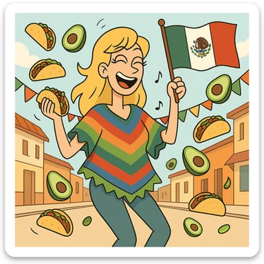 playful cartoon of a tall blonde woman, colorful poncho, smiling, holding taco and avocado, waving Mexico flag, dancing in the street, surrounded by tacos and avocados, street party scene sticker