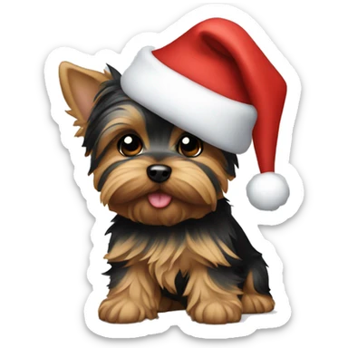 Yorkie puppy wearing a Santa hat sticker