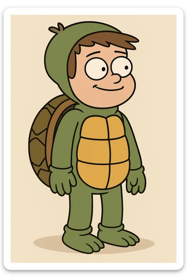 A boy brown hair A turtle costume sticker
