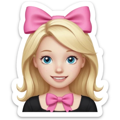 A blonde girl, teen, pale skin, freckles, light blu eyes, lashes, smiling, black top, pink coqquete bow in hair sticker