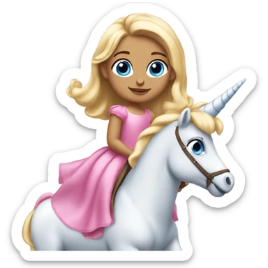 5 year old blonde girl blue eyes in a princess dress riding a big pink unicorn  sticker