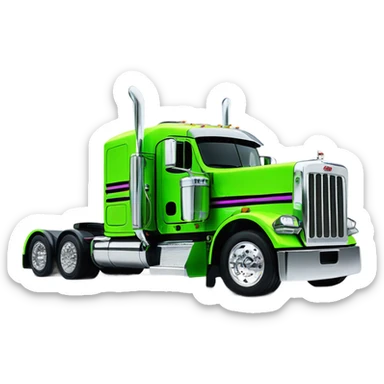 neon green peterbilt semi truck lowered on the ground with large chrome wheels and chrome smoke stacks profile view sticker