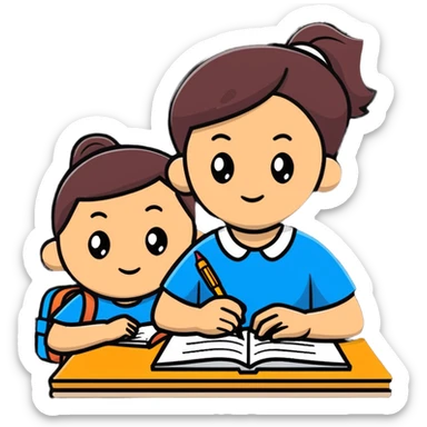 Focused student with pen and notebook, ear tilted toward teacher, learning sticker