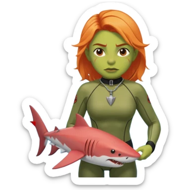 orc female in rescue tube, scanning horizon. Rash guard, shark tooth necklace sticker