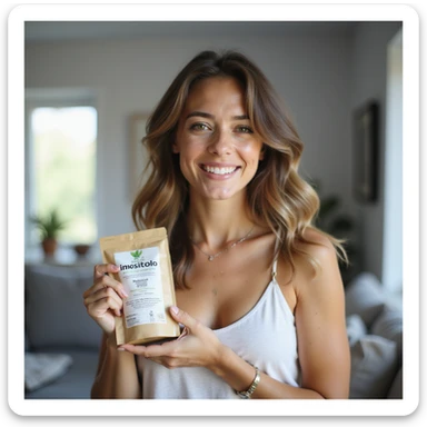 young woman with a natural smile holding a package with the word 'Inositolo' clearly readable, modern home environment, natural light, lifestyle photography, healthy and relaxed appearance sticker