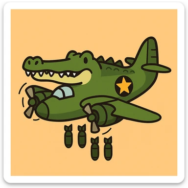 flat toon style crocodile as a bomber plane, simple and fun sticker