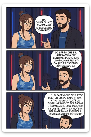 TRASFORMA QUESTO CAROSELLO IN UN FUMETTO STILE WEBTOON/MANGA A COLORI CON QUESTE DUE PERSONE IDENTICHE CHE INTERLOQUISCONO TRA LORO, L'uomo sta spiegando alla donna questo concetto:

LUI (UOMO): Hai controllato diaframma e baricentro corporeo?
LUI (UOMO): Lo sapevi che è il diaframma che contraendosi chiude l’angolo his fra stomaco ed esofago, contenendo la risalita degli acidi grassi?
LUI (UOMO): …e lo sapevi che se il peso del tuo corpo cade in avanti o da un lato, c’è un disallineamento fra bacino e torace, che comprimendo le coste, limita la motilità del diaframma e quindi il contenimento del reflusso? sticker