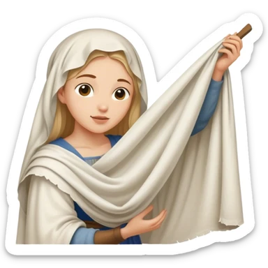 young washerwoman hanging large cloth spread out with the vernicle, age medieval sticker