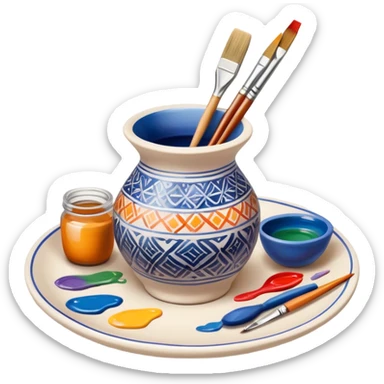 Ceramic painting icon, hand-painted ceramic plate or vase with intricate patterns, visible paintbrush, paint pots, and ceramic tools, colorful glaze, no finished artwork, just the painting process, minimalistic style, clean lines, transparent background. sticker