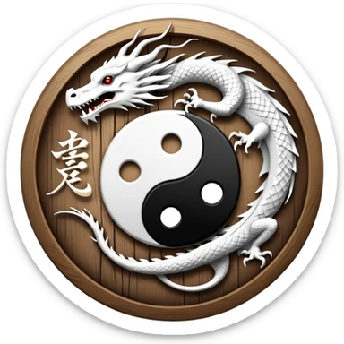 An icon symbolizing Eastern martial arts in the style of an emblem, featuring a black-and-white Yin-Yang symbol and a dragon at the center, surrounded by elements like a dojo. Transparent background highlights balance and power. sticker