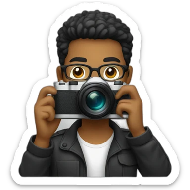 a photographer, young, black, short hair, beard, wearing glasses and with camera in hand. Using black sticker