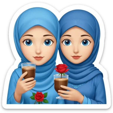 Turkish beautiful finish Konya two girls blue eyes with blue hijab islamic dress and had on her hand Rose Cold turkish coffee   sticker