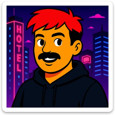Make the face slightly less round, reduce the mustache a bit, and add a black hoodie. Keep the vibrant toon style, neon city background, and all original colors and lighting. sticker