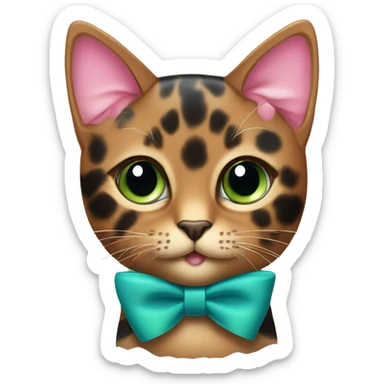 tortoiseshell cat with green-blue eyes and a pink bow collar sticker
