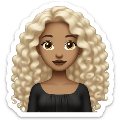 Light skin girl with black very long curly hair, brown eyes, black Chanel dress sticker