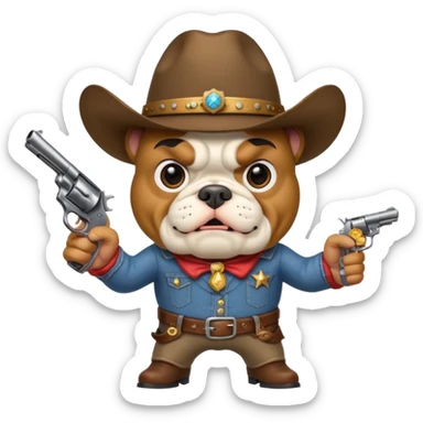 A bulldog wearing a cowboy hat pointing a revolver at you and telling you to hand over your money. sticker