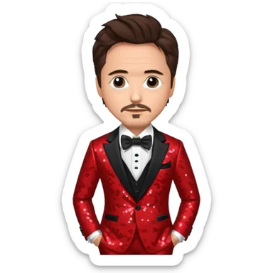 Robert Downey Jr with dark brown hair, red sequin suit with bow tie sticker
