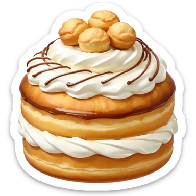 French Saint Honoré dessert, round cake, cream puffs on top, elegant sticker