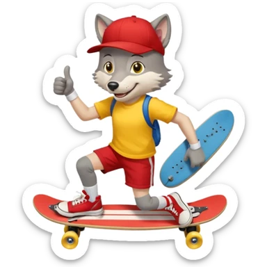 A gray wolf with large, expressive eyes and a friendly smile. The gray wolf is wearing a bright yellow T-shirt, red shorts, white knee socks, and sneakers. The baseball cap is worn backwards. The wolf holds a skateboard in one hand and gives a thumbs-up with the other, a confident and cheerful pose. sticker