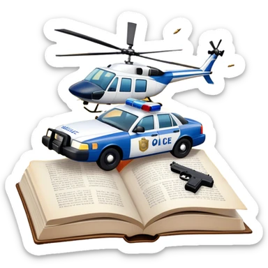 Icon for Action & Crime Reading: an open large book with text on the pages, a police car is driving out, with explosions behind, a helicopter flying above, a pistol with bullets in the front. The icon should capture the thrilling action and suspense of crime stories. Transparent background. sticker