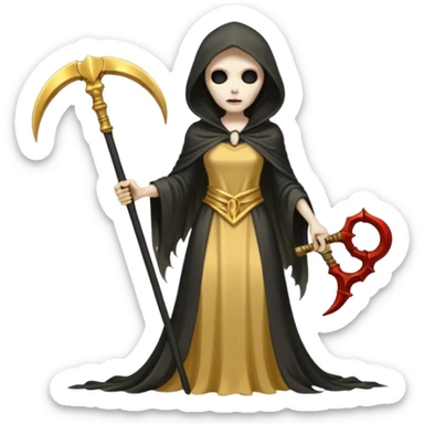 feminine grim reaper in a gold with scythe sticker