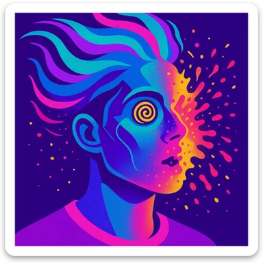 surreal portrait of a person with neon skin, face dissolving in an explosion of colors, airbrush effect, hair as swirling liquid color streams like northern lights, hypnotic spiral eyes, geometric elements along face contour, paint particles flying away, acid purple, turquoise, and electric pink blending, sense of movement sticker
