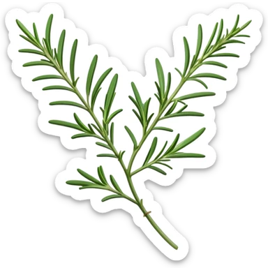 Cinematic Realistic Rosemary Emoji, Fragrant and fresh, with slender green stems covered in needle-like leaves, which release a distinctive herbal scent. The plant seems to exude energy, with soft sprigs of leaves stretching upwards. Soft glowing outline, capturing the essence of earthy healing and aromatic delight in a sprig of rosemary! sticker