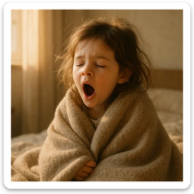 a girl with tousled brown hair yawning, wrapped in a blanket, early morning, soft sunlight sticker