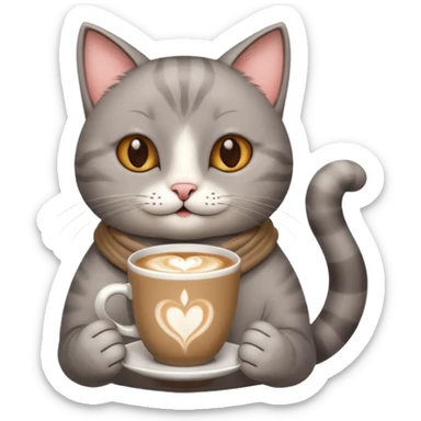 Happy gray Cat holding in its front two paws an hot latte sticker