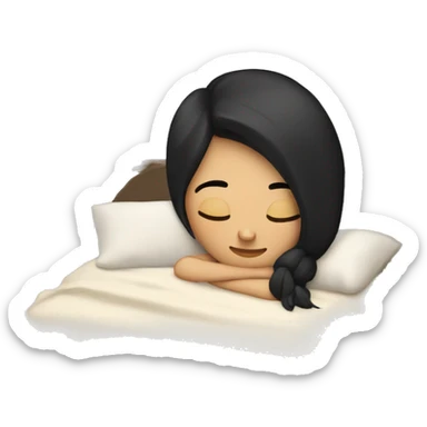 caucasian girl with black straight hair sleeping cozy in bed sticker