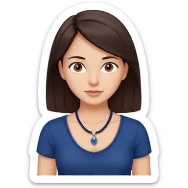 Mulher dos cabelos medios marrons escuros com uma blusa colada azul marinho e olhos castanhos e pele branca e um colar simples sticker