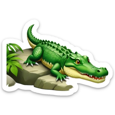 Crocodile resting, surrounded by rocks, water, and tropical plants. The green scales of the crocodile glisten under the light, with its sharp eyes focused ahead. The background features a naturalistic habitat with plants and water, giving it a lifelike feel. sticker