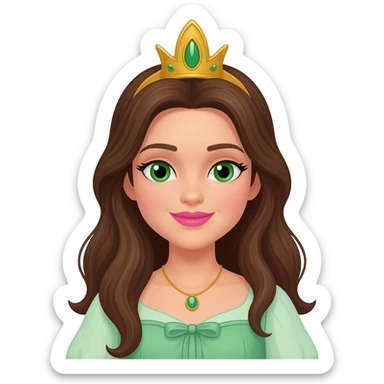 Princess Ozma from The Land of Oz with green eyes, pink lipstick, long brunette hair, light green dress, gold crown sticker