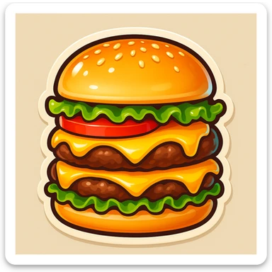 Add fresh green lettuce and juicy red tomato slices to the cheeseburger, keeping the cartoon emoji style, high detail, bright colors, and appetizing look. sticker