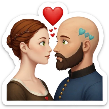 Couple. Bald man with dark brown-black beard. Woman with many small, faded, round freckles, white skin and she has auburn-yellow-brown-caramel-cinnamon dark hair. She has light yellow-brown-green eyes. He have hazel-blue eyes. They look at each other. Many small red hearts around them. sticker